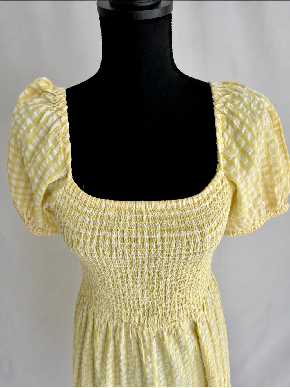 NWT Yellow Gingham Smocked Midi Dress Puff Sleeve Cottagecore Resort Vacation M - Picture 9 of 17
